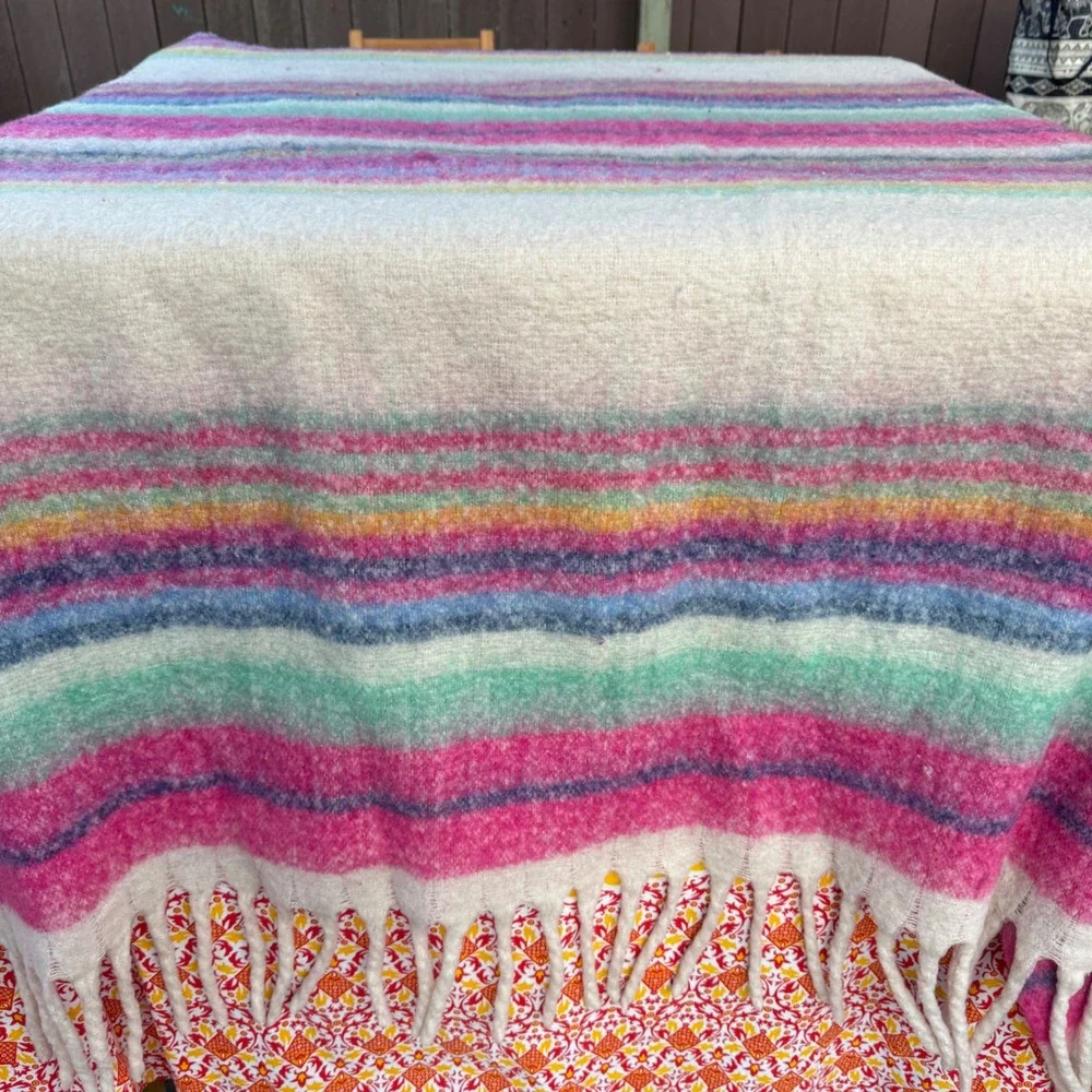 Free People Oversized Scarf Rainbow Stripe Pink Blue Boho Fringe Blanket Wrap